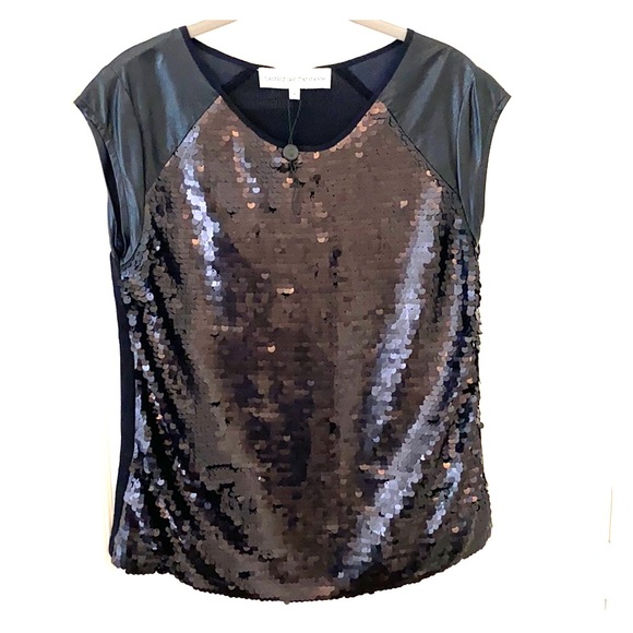 Sequin black blouse with pleather cap sleeves - Picture 1 of 5